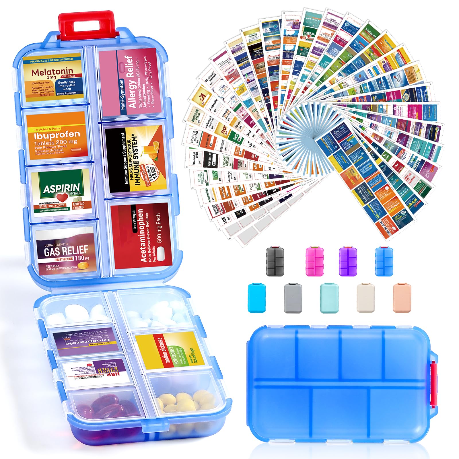 View 1 of 14 Grids Travel Pill Organizer Box with 415-Pcs Medicine Name Labels - Pocket Daily Pharmacy Case Container Kit - Travel Medication Holder Dispenser for Fish Oil Vitamin Supplement Storage -Clear Blue