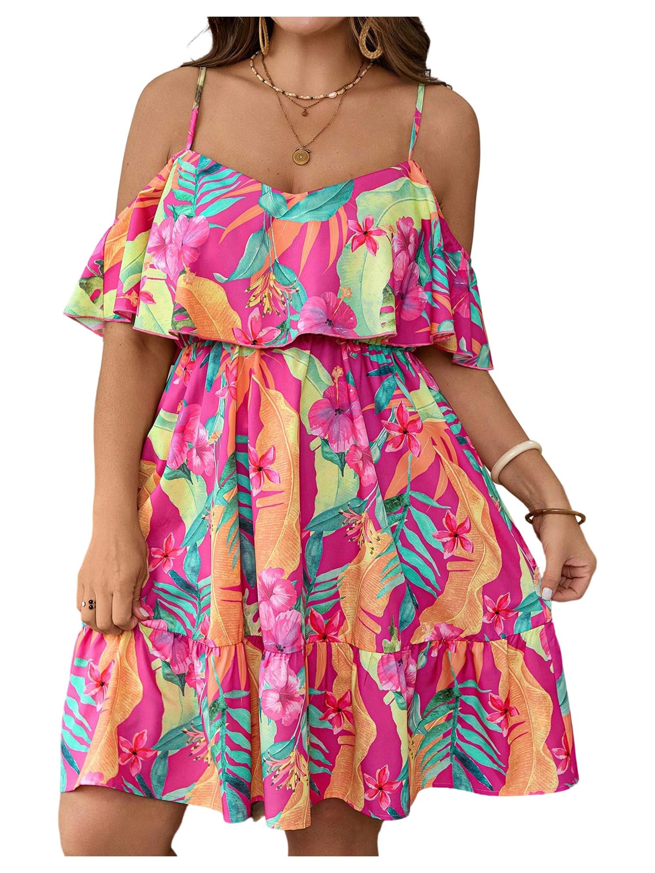 Photo 1 of **Stock Pic for Reference*** Verdusa Women's Plus Size Floral Cold Shoulder Boho Dresses Foldover Cami Dress Tropical Vacation Outfits Pink Multi XX-Large Plus