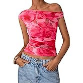 PRETTYGARDEN Women's Off Shoulder Tops 2026 Summer Going Out Crop Tank Tops Asymmetrical Floral Mesh Tight Y2K Shirts Clothes