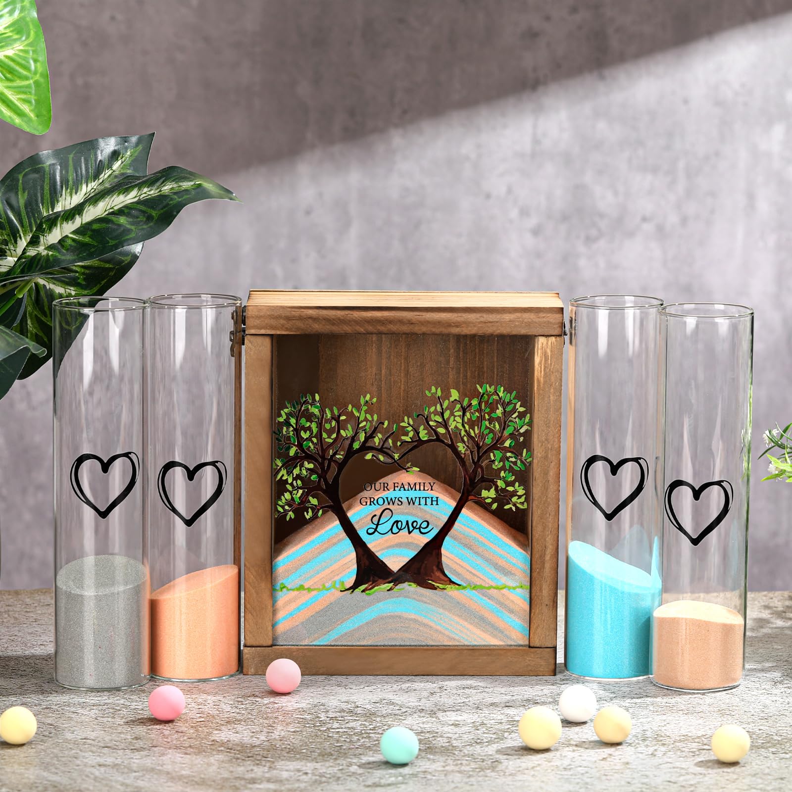 Photo 1 of Anglechic Wedding Unity Sand Ceremony Kit with Wood Box 4 Ceremony Vase 4 Wedding Sand Function Sets for Marriage Bridal Party(Classic Color,Tree)