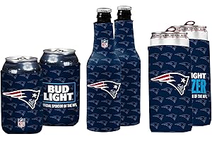 Bud Light & NFL Licensed New England Patriots Premium Insulated Neoprene Koozy Cover Set, 2 Can/2 Seltzer/2 Bottle - Easy On & Foldable for 12 Ounce Drinks - 2 Sided Design - Great Holiday Gift