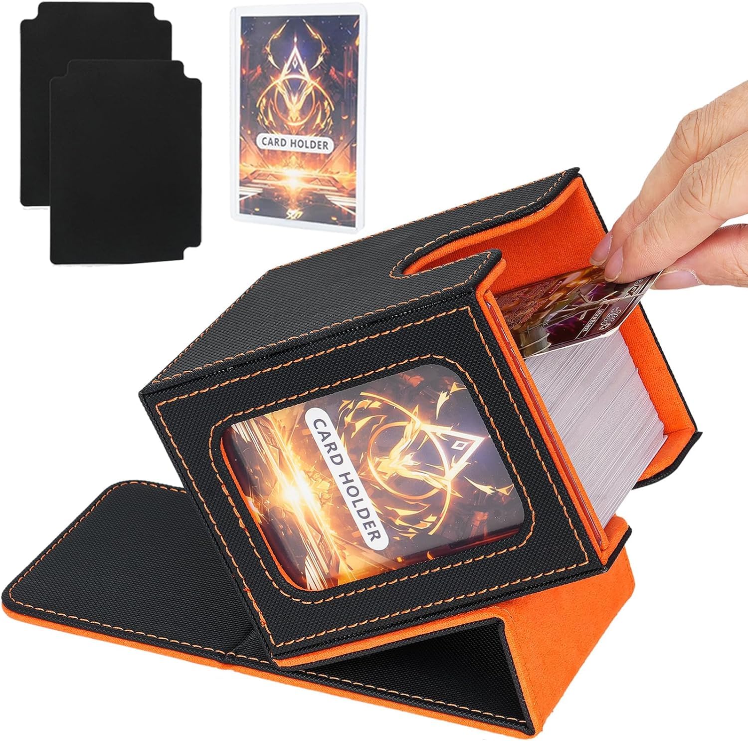IVODEELA Card Deck Box for MTG Commander,Magnetic Card Display Case with two Dividers,TCG Card Storage Box,PU Leather Trading Card Storage Box Holds 100 Double-Sleeved Cards,Black Orange — image 1