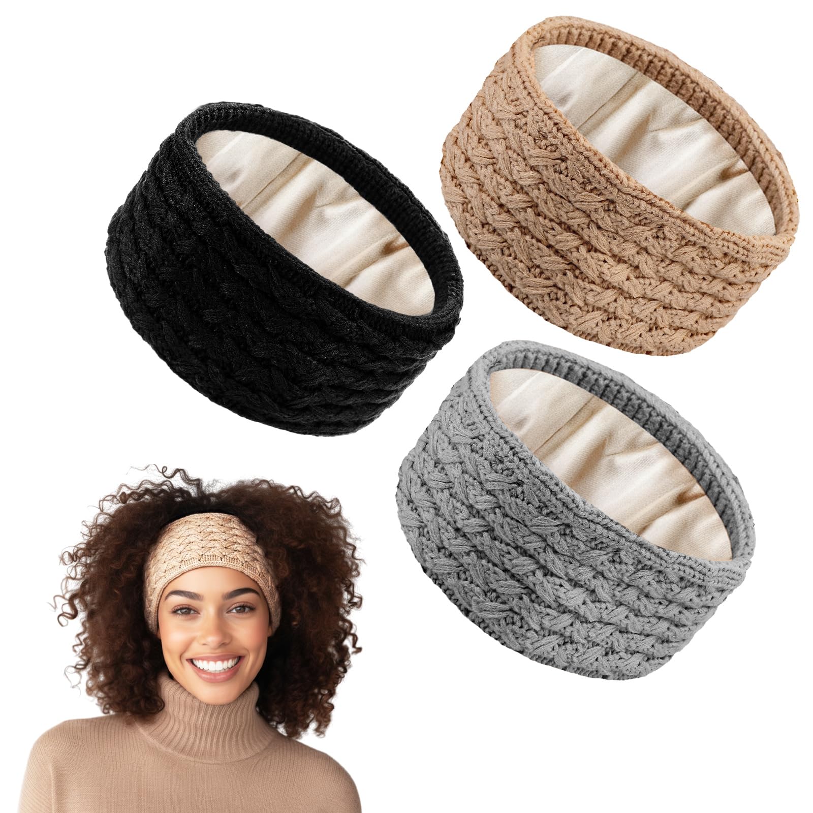 Photo 1 of **PARTIAL SET / MISSING 1** Funnysoft 3 Pack Satin Lined Winter Headbands for Women, Silk Lined Beanie Caps Ear Warmers for Natural Curly Ponytail Hair(Black, Light Gray, Khaki,Delicate)