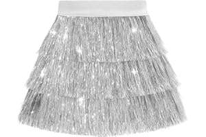 Noomelfish Girls Tinsel Fringe Skirt Sparkly Tassel Metallic Party Skirt(5-12 Years)
