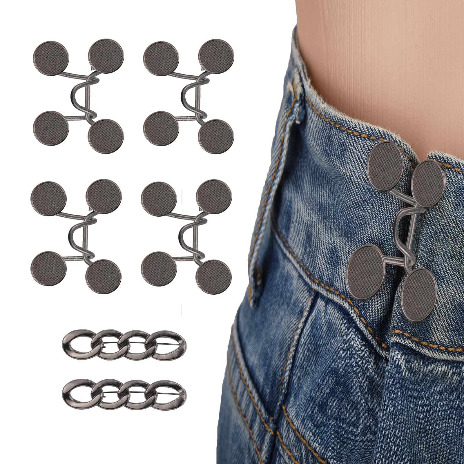 Photo 1 of 6 Set Pant Waist Tightener Buttons Pins for Loose Jeans, Reusable Waistband Cincher Adjuster Clip to Tighten Waist Metal Brooch No Sewing Decoration Accessories for Clothing Dresses Skirts(Black)