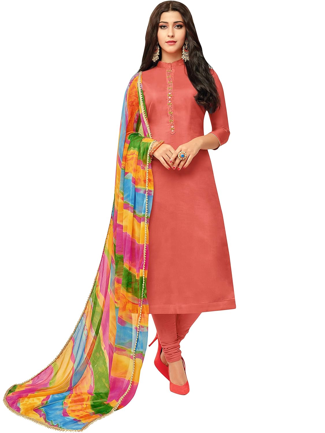 plain suit with printed dupatta