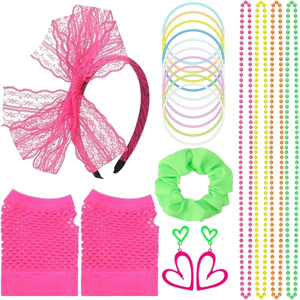 Women's 80s Fancy Dress Accessories Lace Headband Neon Earrings Fingerless Fishnet