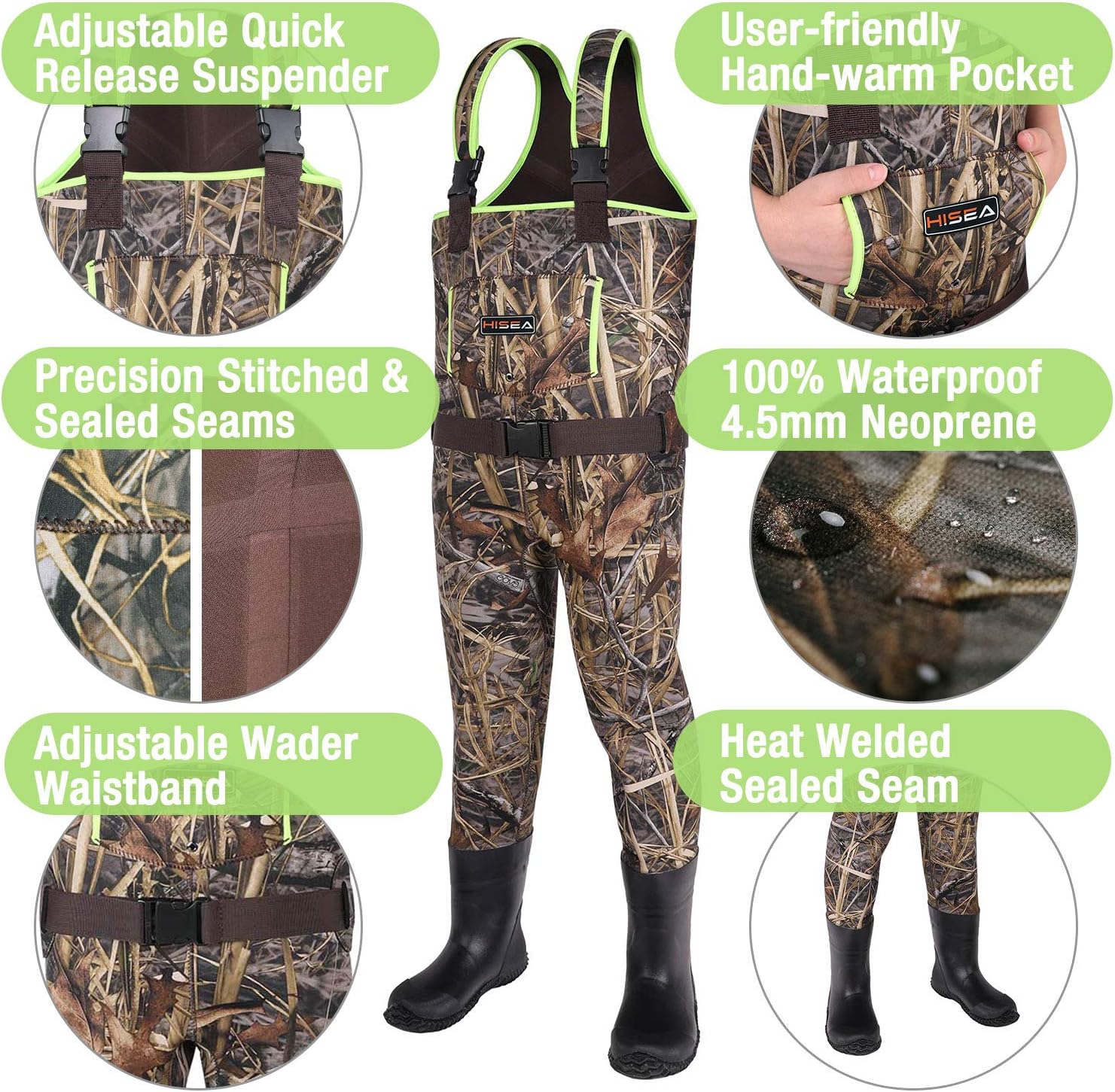 HISEA Kids Chest Waders Neoprene Fishing Waders for Toddler & Children Youth Duck Hunting Waders for Kids Boy and Girl with Waterproof Insulated Cleated Boots : Sports & Outdoors