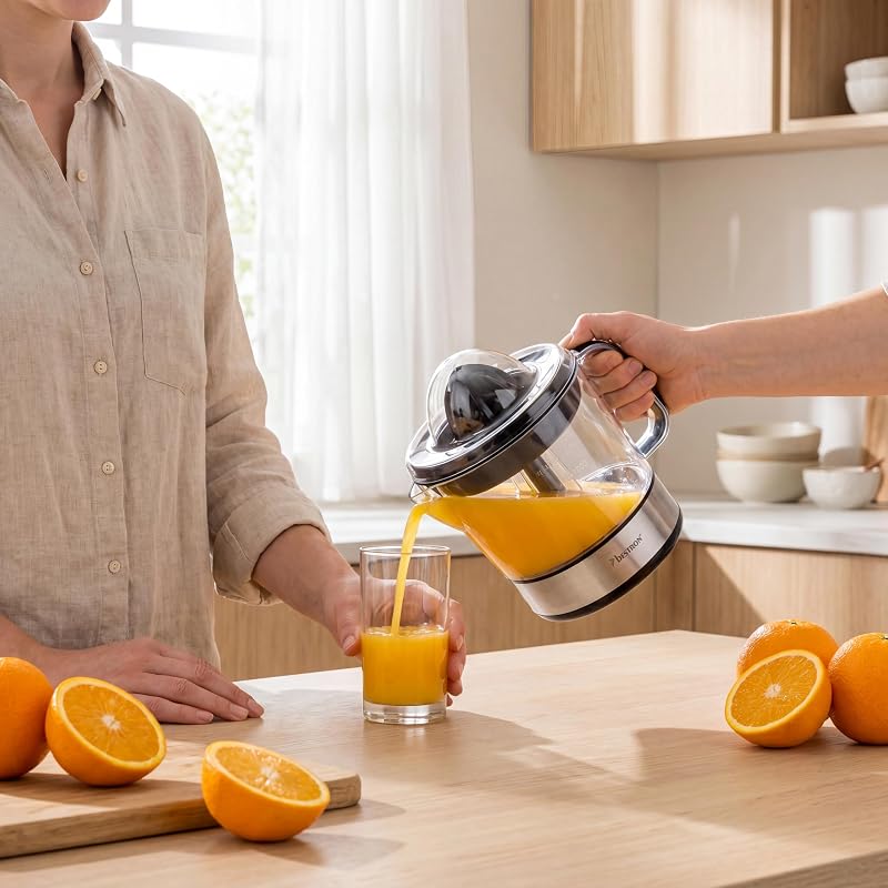 Bestron espremedor elétrico de frutas cítricas e laranja, incl. 2 cones espremedor e tampa aromática, motor com dois sentidos de rotação (esquerda/direita), capacidade: 0,7 litros, 40 watts, cor: prata
