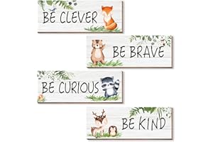 CLOVERKOI Woodland Nursery Decor for Boys Girls, Safari Nursery Decor, Jungle Theme Nursery Decor for Teen Boys Kids Toddler, Woodland Animals Decor, 4 Pieces Wooden Animal Wall Sign Decorations
