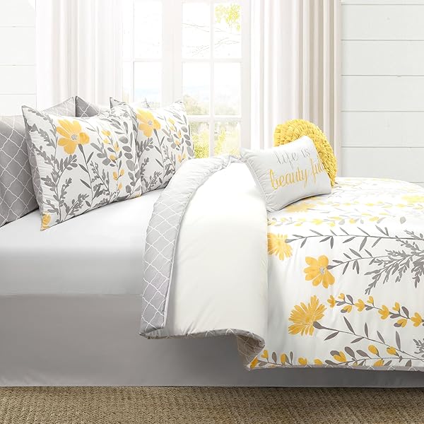 LUSH DECOR APRILE SOFT REVERSIBLE FLORAL COMFORTER SET, 8 PIECE SET, KING, YELLOW & GRAY – FLORAL BEDDING SET – KING SIZED COMFORTER – YELLOW BEDDING – SPRING HOME DECOR – COTTAGE – FARMHOUSE