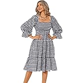 R.Vivimos Women's Summer Cotton Plaid Puff Sleeves Bow Casual Off-Shoulder Boho Midi Dress