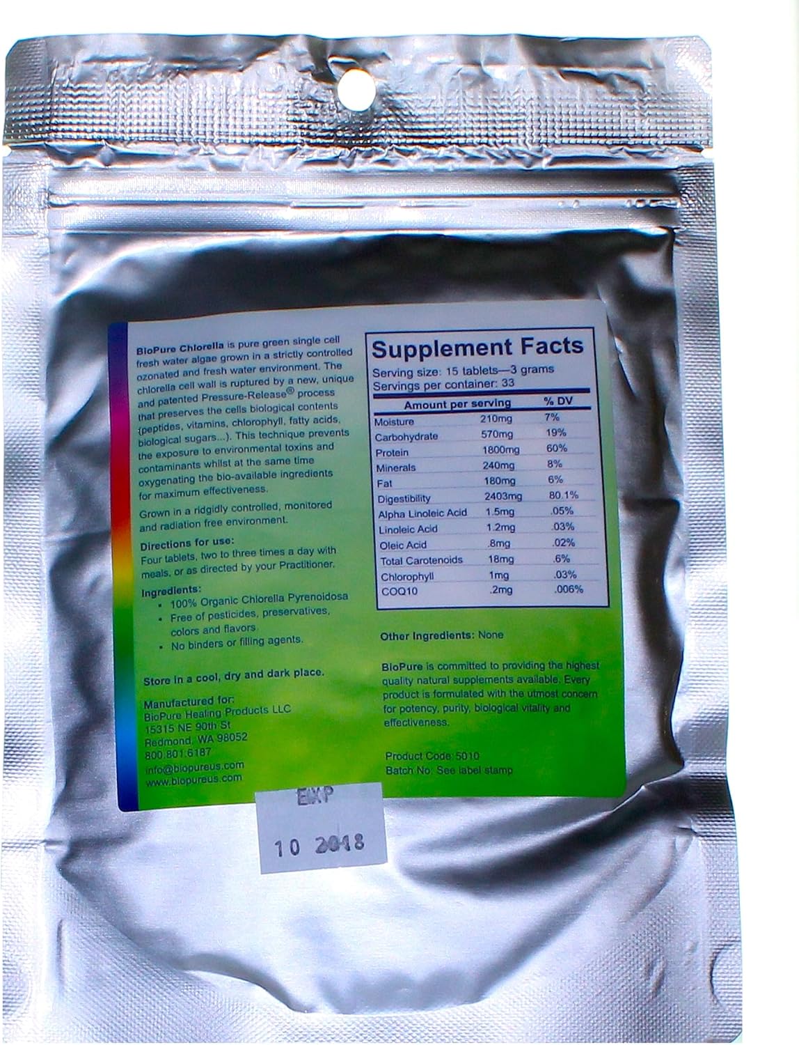 Organic Chlorella Pyrenoidosa by Biopure 250mg 400 Tablets