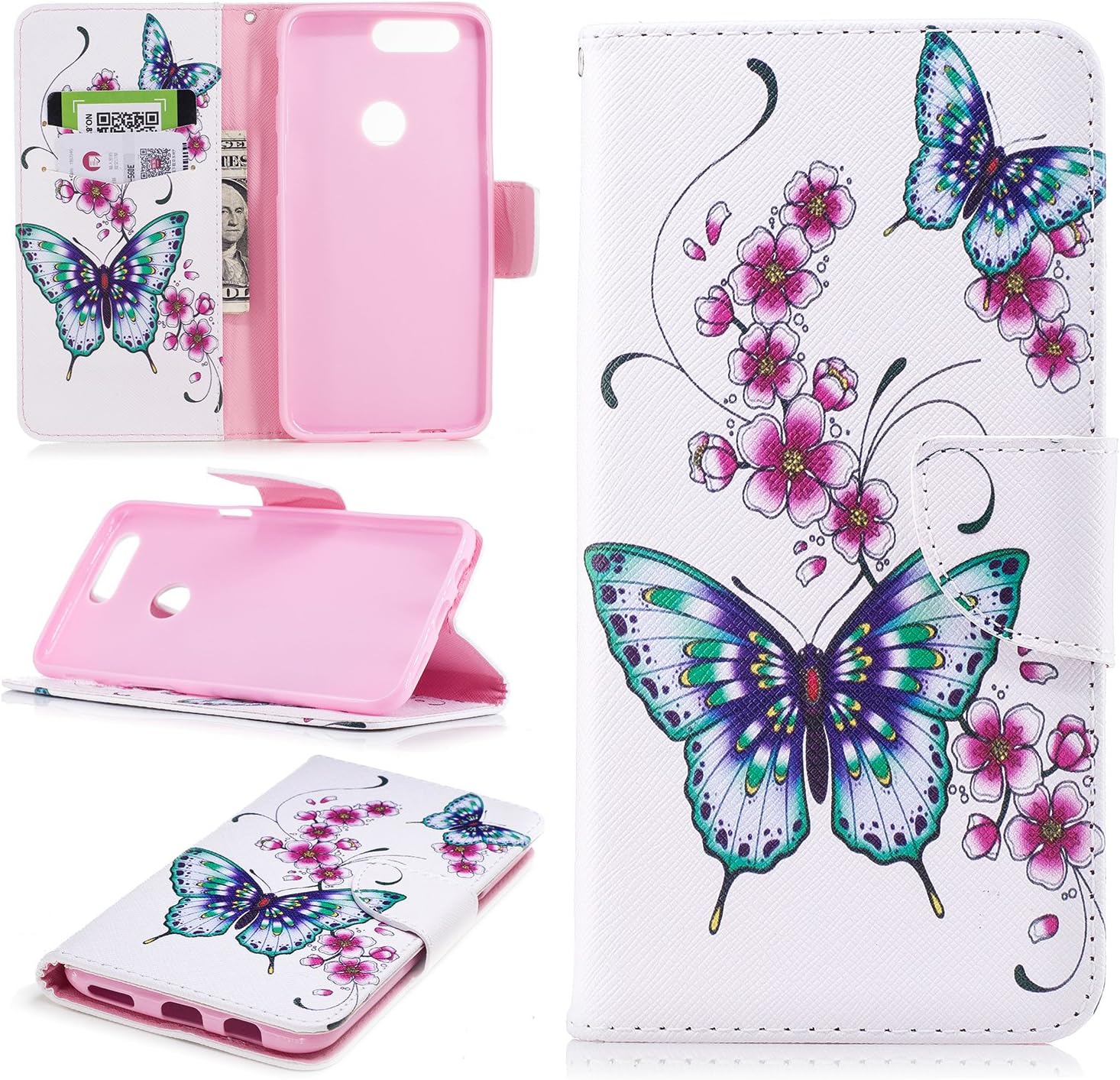 HongHushop Wallet Case for OnePlus 5T PU Leather Flip Case Folio Cover Green Butterfly Pattern PU Cover Magnetic Bookstyle Built-in Stand Card Slots Wallet Case Full Protection Soft Silicone Inner Case for OnePlus 5T