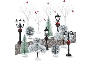 AORIHER 15 Pcs Christmas Figurine Village Accessories Miniature Pine Trees Snow Artificial Christmas Trees Cardinal Bare Branch Trees Streetlight Lamps Cobblestone Street Figurine for Xmas Winter (Elegant)