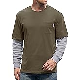 VOGSTART Men's Collarless 2025 Pullover Stretch Sweater Double Layer Waffle Sleeve Soft Fake Two-Piece Heavyweight Retro Classic Loose Ribbed Neckline Color Block Faux-Layer Shirts Olive L