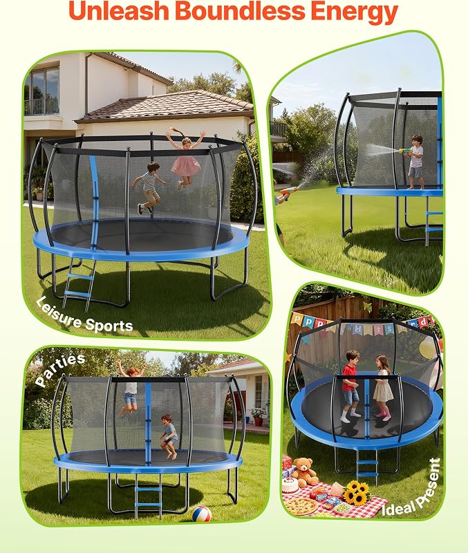 Trampolim ao ar livre 305 x 236 cm, trampolim infantil com rede protetora e almofada grossa, capacidade máxima de 150 kg, trampolim exterior, presente de aniversário para crianças
