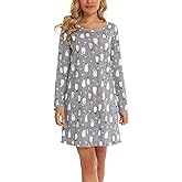 ENJOYNIGHT Women's Cotton Sleepwear Long Sleeves Nightgown Print Tee Sleep Dress