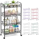 TOOLF 4-Tier Rolling Cart, Metal Utility Cart with 3 Hooks, Easy Assemble Mobile Storage Trolley On Wheels, Metal Shelving Un