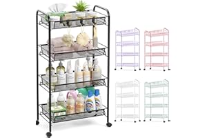 TOOLF 4-Tier Rolling Cart, Metal Utility Cart with 3 Hooks, Easy Assemble Mobile Storage Trolley On Wheels, Metal Shelving Un