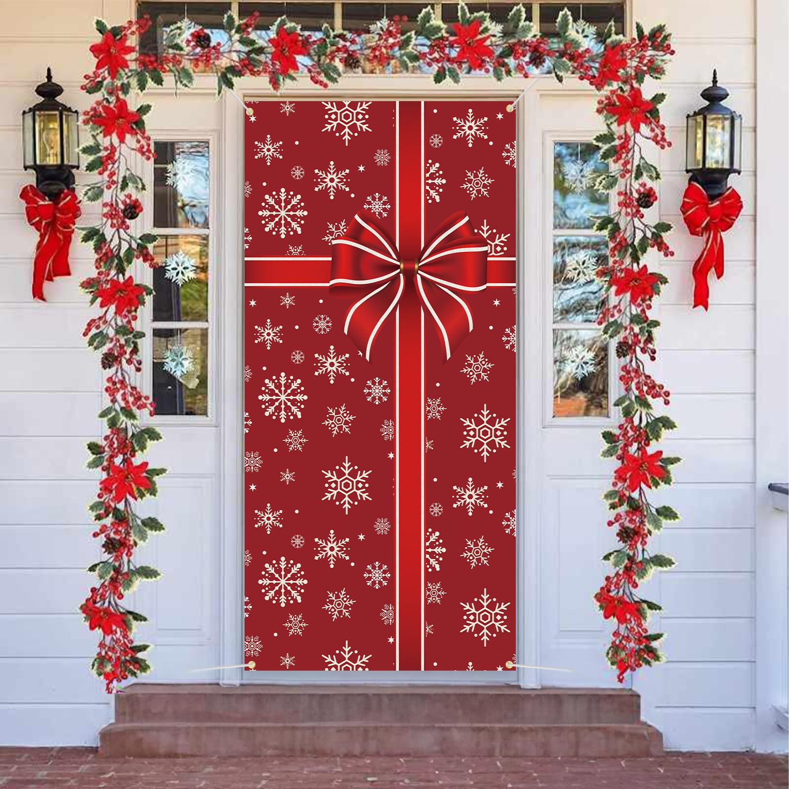 AOLOA Christmas Door Cover With Large 3D Bows & Snowflake Hanging Banner for Xmas, Winter Party New Year Indoor Outside Front Door Party Supplies