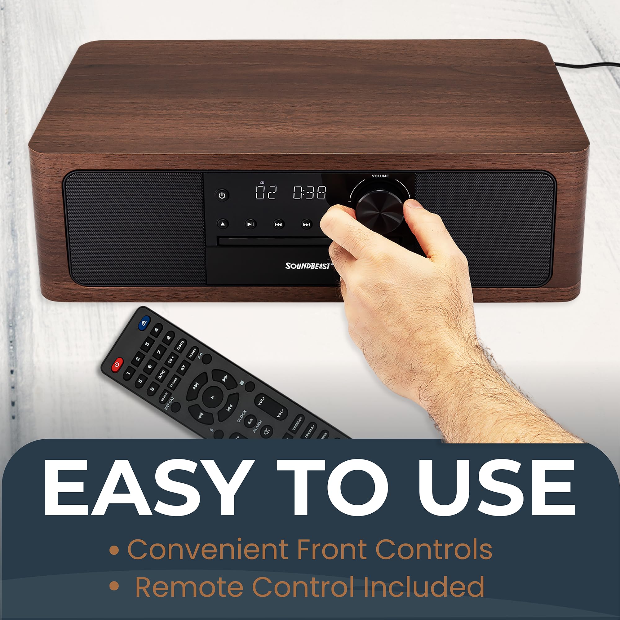 SoundBeast Stereo Shelf System with CD Player, Bluetooth, FM Radio, USB Playback, Aux in, Optical in, Alarm Clock, & Remote Control