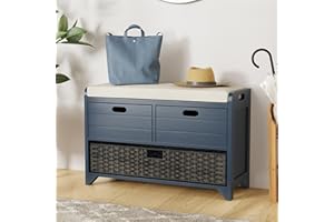 LOVMOR, Entryway Mudroom Shoe Bench with Storage Removable Basket and 2 Drawers, 11.8" D x 32" W x 20" H, Navy