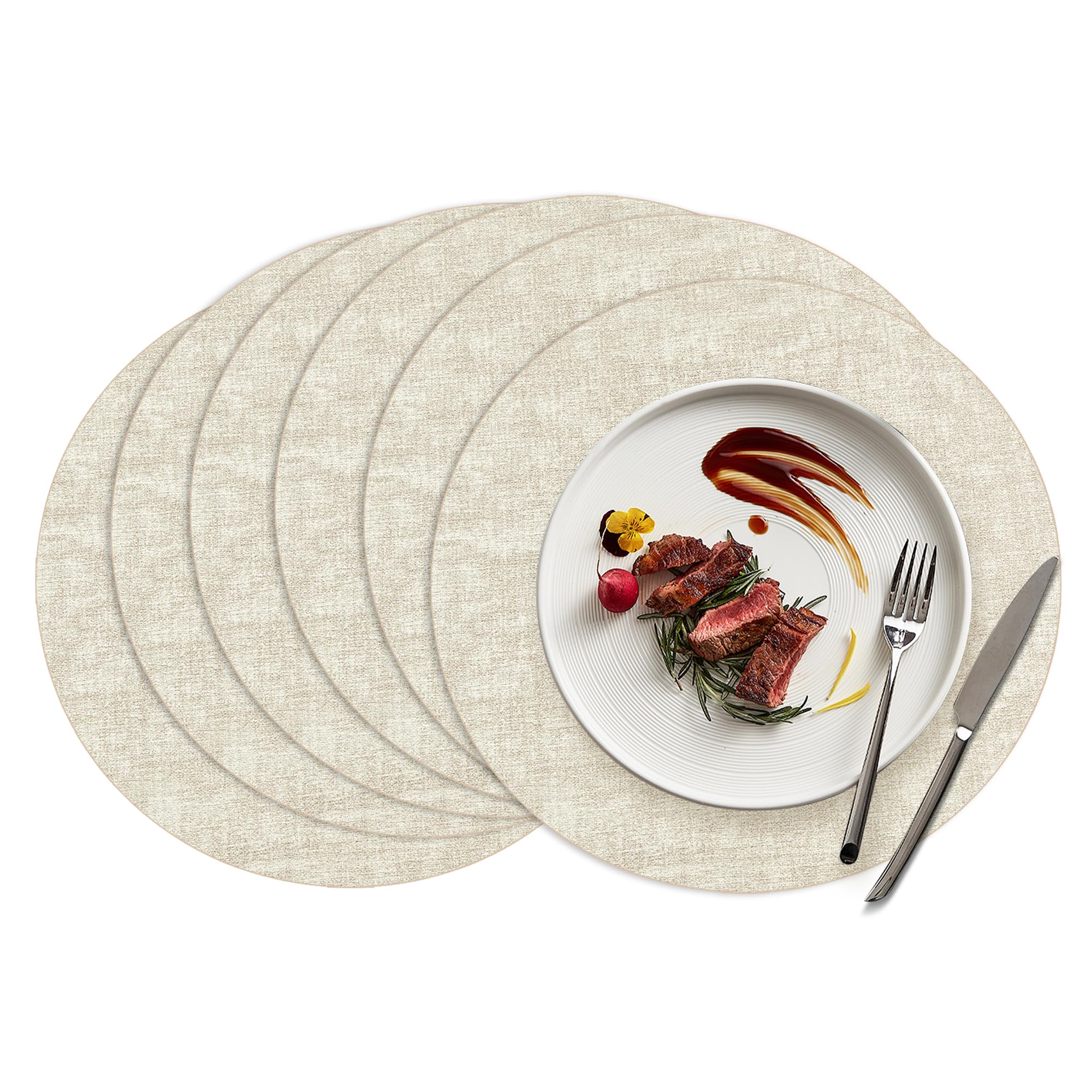 Photo 1 of Round Placemats Set of 6, 15 Inch Faux Leather Place mats, Washable Wipeable Non Slip, Heat Resistant Waterproof Vinyl Table Mats for Dining Table, Kitchen, Party, Beige