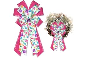 Glodecart Large Spring Bow for Wreath, Pink Daisy Bow for Front Door, Pink Dots Daisy Flower Wreath Bow for Party Decor Indoor Outdoor Wall Spring Summer Decoration Supplies Ornament Spring Flower Bow