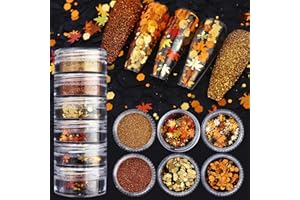 HIFANMM Fall Nail Art Glitter Maple Leaf Nail Sequins Flakes, 2 Colors Manicure fine Glitter Powder, 3D Holographic Orange Red Nail Stickers Decals Supplies Nail Charms for Women Girls 6 Box