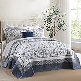 SOElinens Oversized King Bedspreads 120x120 - Botanical Floral Farmhouse Reversible California King Quilt Set, 3-Piece Lightweight Thin Comforter Coverlet Set, 100% Cotton, Cal King, Navy Blue/White