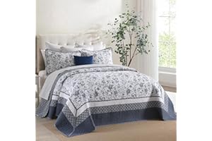 SOElinens Queen Bedspreads 102x120 - Botanical Floral Farmhouse Reversible Oversized Queen Quilt Set, Lightweight Thin Comforter Coverlet Set with Pillow Shams, 3pc, 100% Cotton, Navy Blue/White