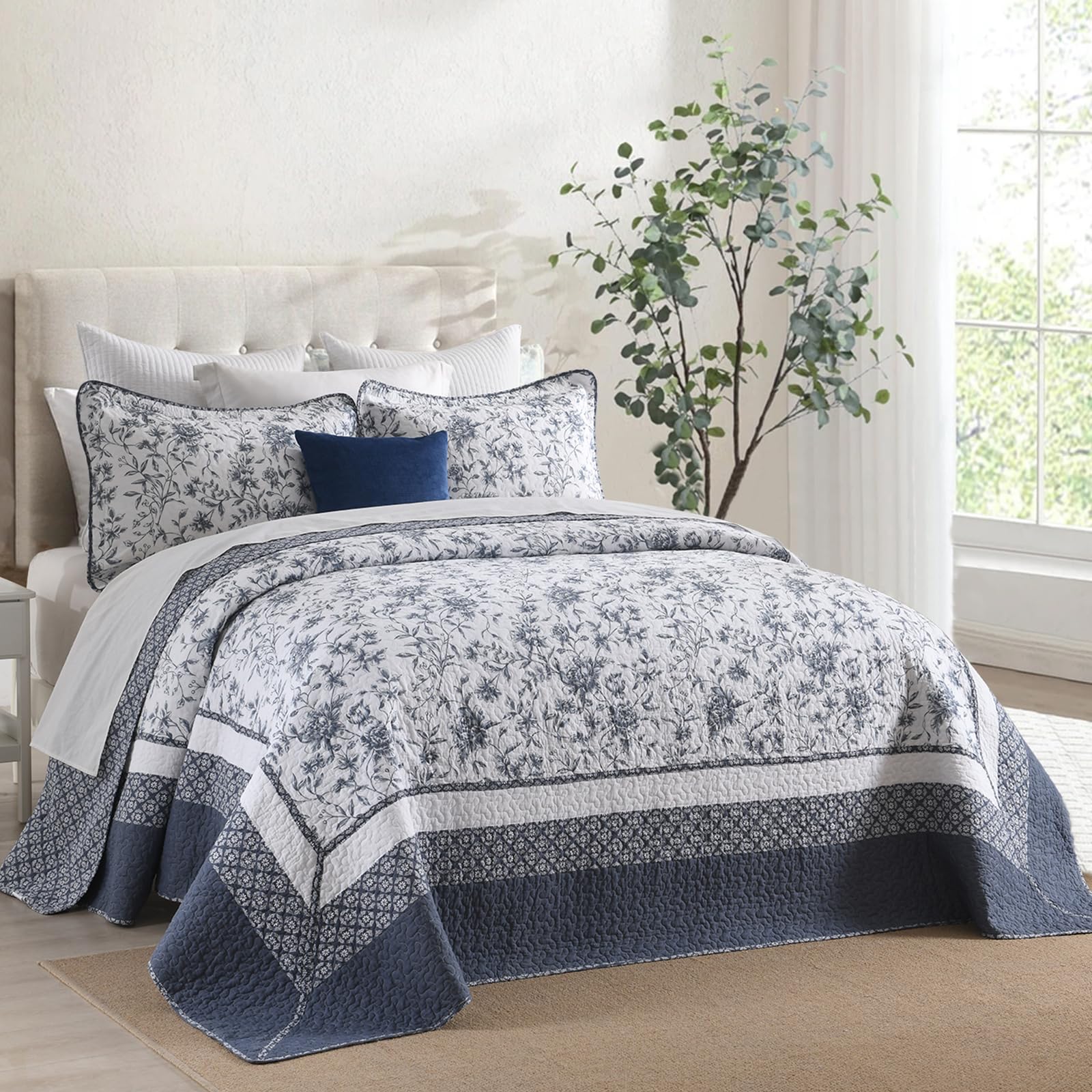Photo 1 of SOElinens Oversized King Bedspreads 128x120 Extra Wide - Botanical Floral Farmhouse Reversible California King Quilt Set, 3-Piece Lightweight Thin Comforter, 100% Cotton, Cal King, Navy Blue/White