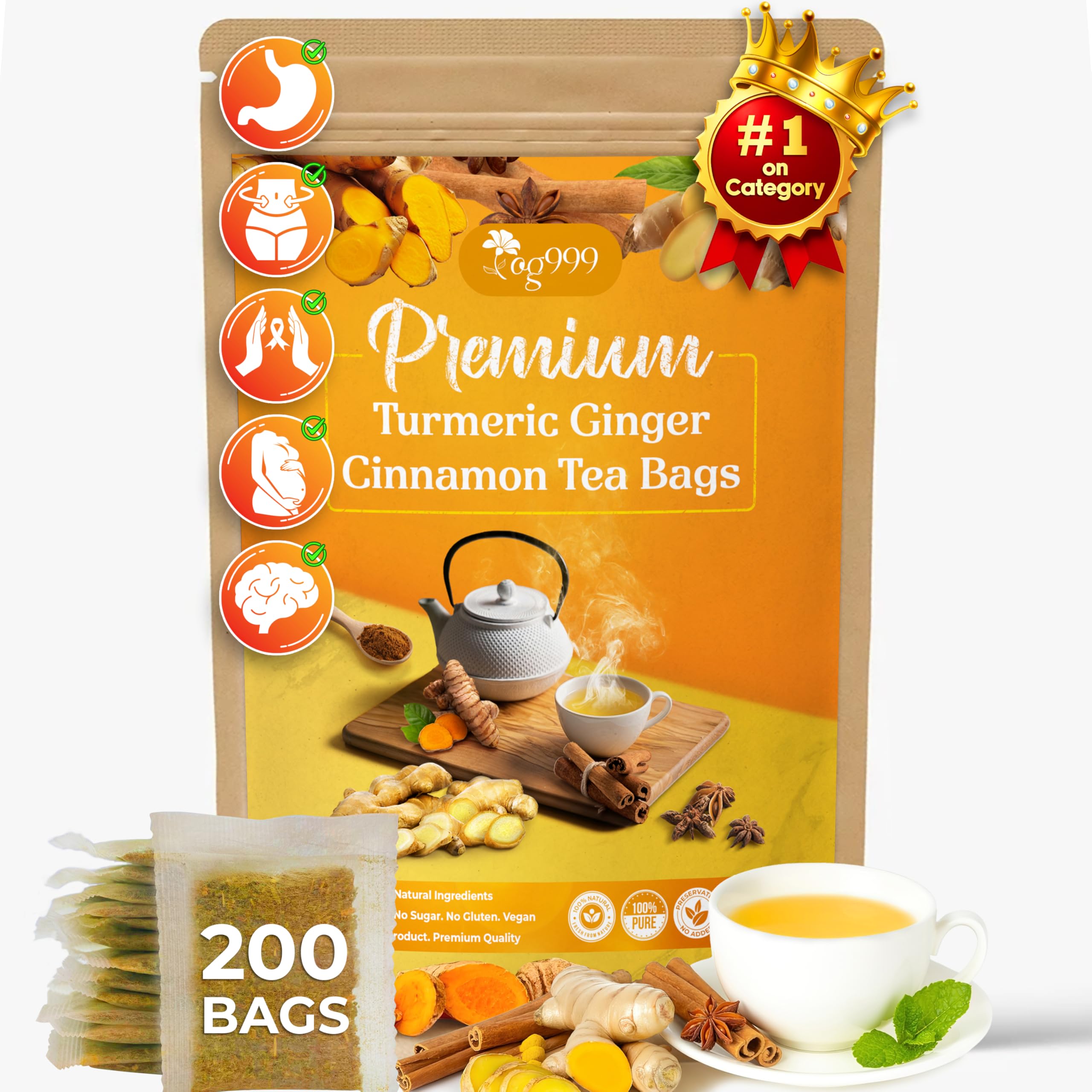 TOG999, 200 Turmeric, Ginger, Cinnamon Tea Bags, 100% Natural, Hand-made Blend of Turmeric, Ginger, and Cinnamon. Eco-conscious Tea Bags. No Sugar, No Caffeine, No Gluten, Vegan. Image