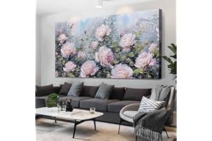 Enartly Large Pink Flower Wall Art for Living Room, Wall Decor Rose Canvas Painting Floral Picture Textured Green Modern Artwork Framed for Hallway Bedroom Kitchen Home Office Decoration, 40"x20"