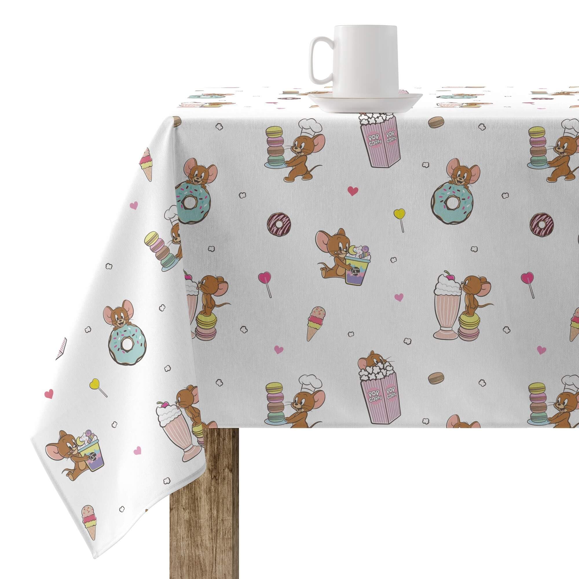 BELUM | Tom and Jerry Tablecloth 300 x 140 cm Resin Tablecloth (Laminated Touch) Stain-Resistant Model Yummy Tom Jerry 4 White