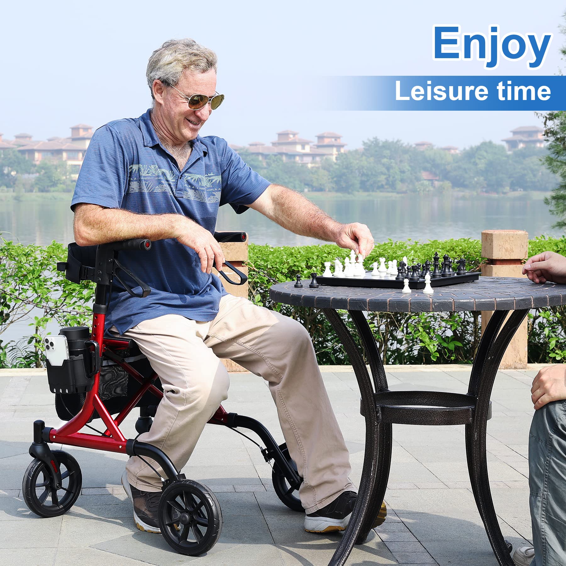 WALK MATE Rollator Walker for Seniors with Cup Holder, Upgraded Thumb Press Button for Height Adjustment, 4 x 8 Wheels Walker with Seat Padded Backrest Folding Lightweight Walking Aid, Red