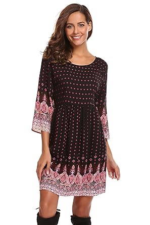 Meaneor Damen Bohemian Tunikakleid Strandkleid Blumenmuster Casual Langarm Minikleid A-Linie Kleid Mit Rundhalsausschnitt