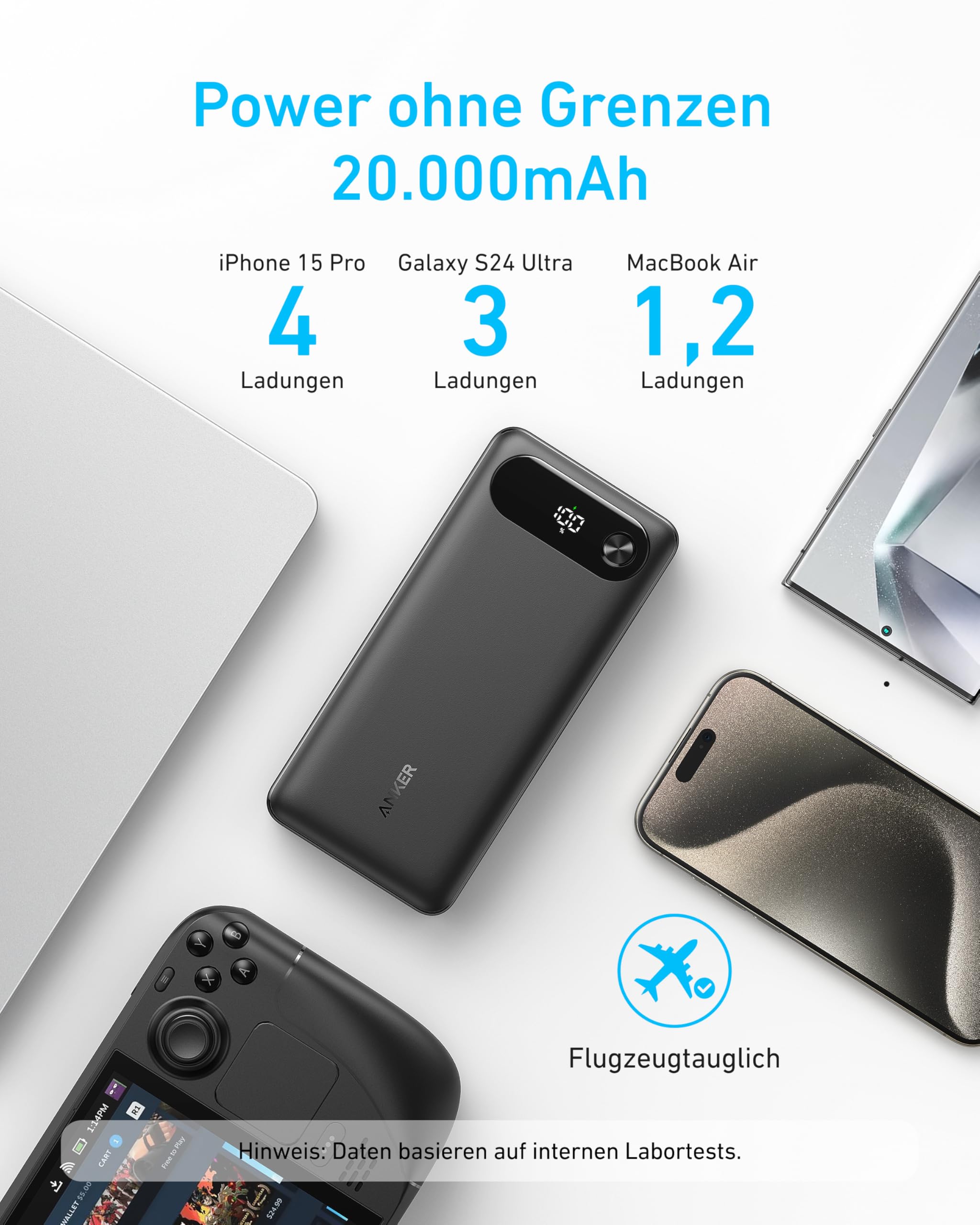 Anker Powerbank, 20000mAh 87W Max, integriertes USB-C Kabel 4