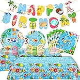 83 PCS Pool Birthday Party Supplies Disposable Summer Pool Tableware Set Include Paper Plates,Napkins,Waterproof Tablecloth and Shiny Banner for Summer Birthday Party, Hawaii Holiday