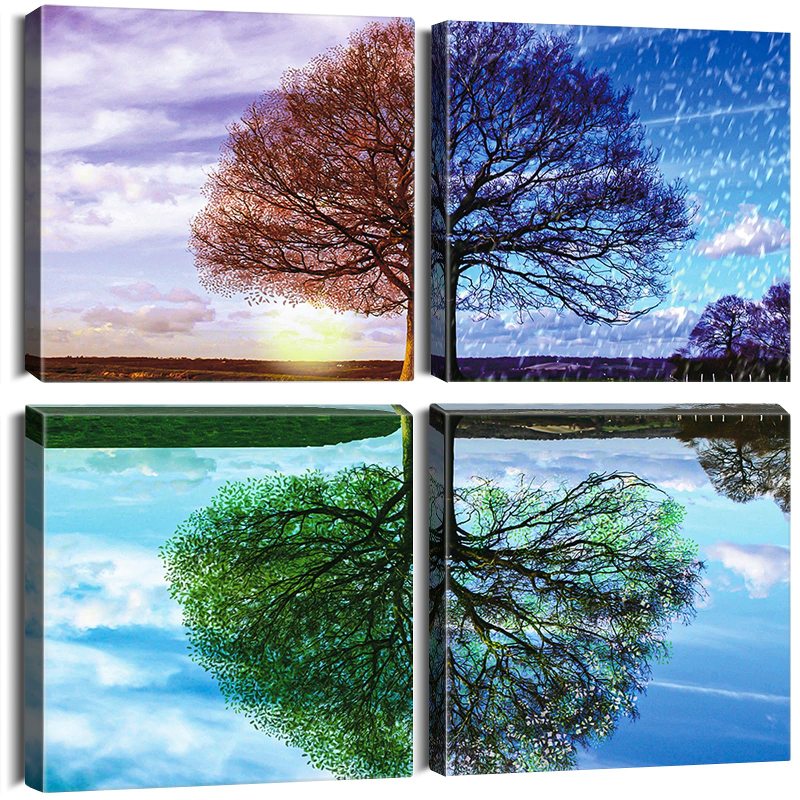 Sungeek 4 Pieces Canvas Wall Art Prints Modern Picture Framed Multicoloured Tree Artwork Paintings for Bedroom Living Room Kitchen Home Wall Decoration Paintings 30x30cm