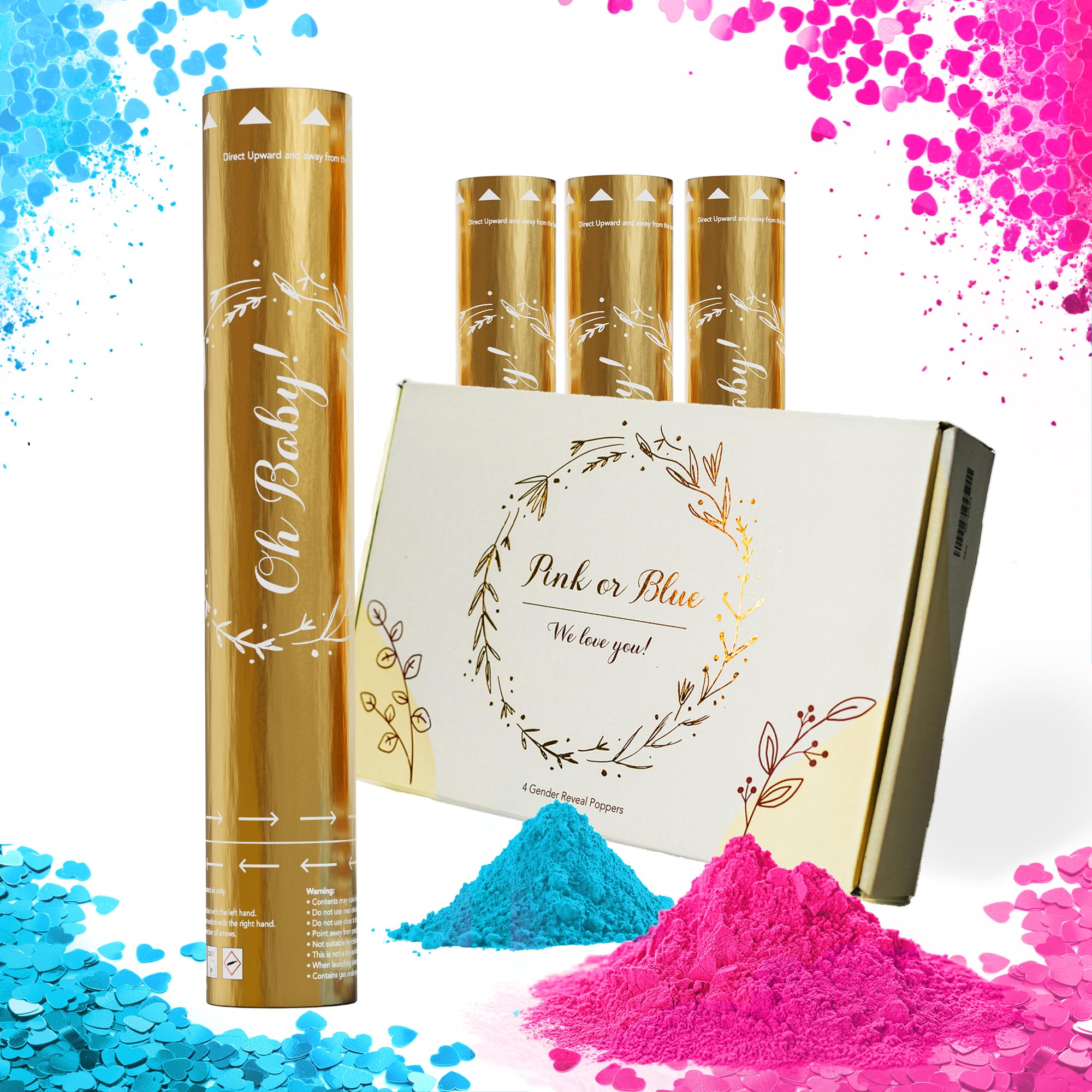 Team Planet Gender Reveal Cannon - Biodegradable Vibrant Confetti and Colour Powder Smoke - Confetti Cannon for Baby Girl or Boy Party with Gender Reveal Stickers - 2 Blue & 2 Pink