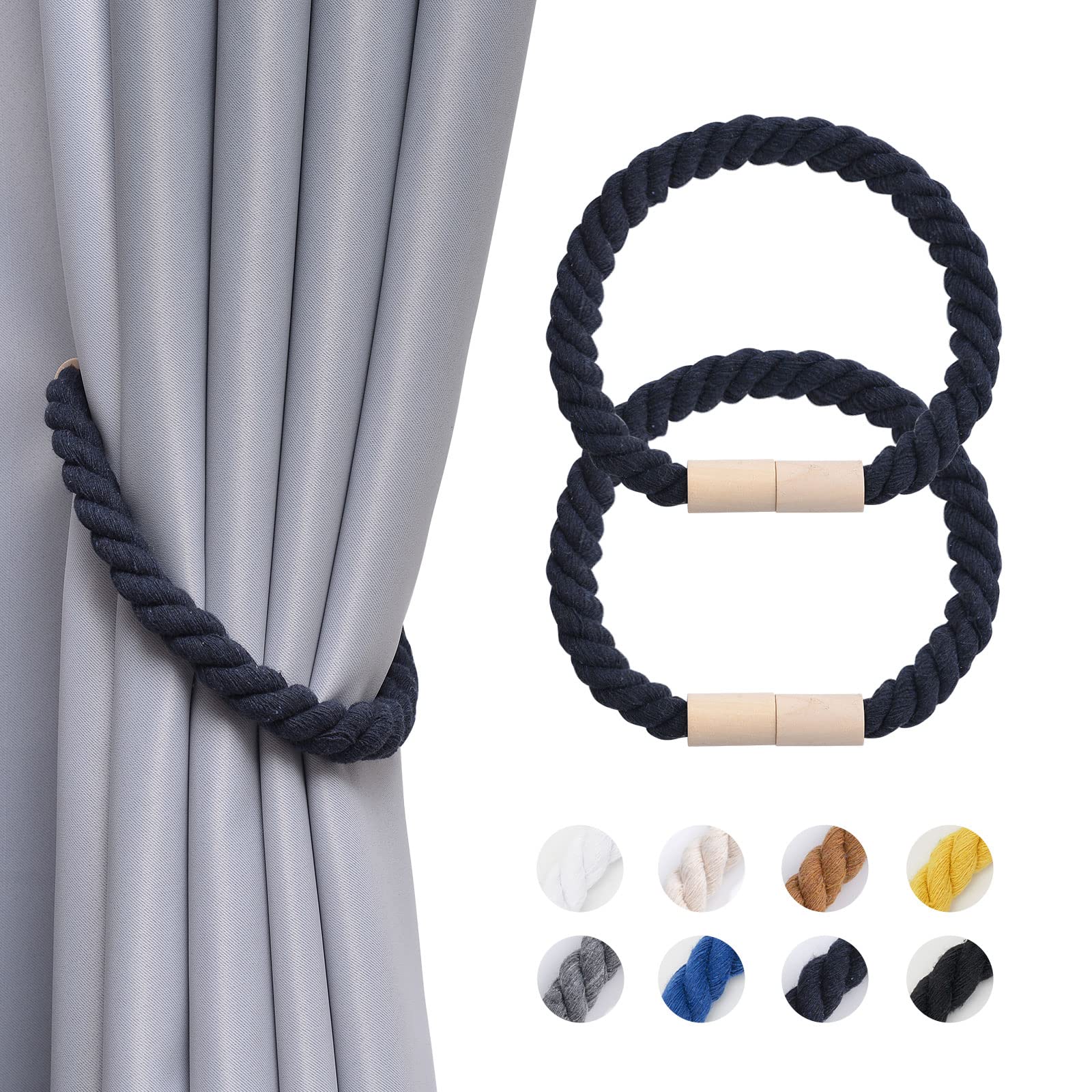 Pretty Jolly 2 Pack Wooden Magnetic Curtain Tiebacks Boho Home Decoration Drape Tie Backs Natural Cotton Handmade Rope Curtain Holdbacks for Thin or Thick Home & Office Window Drapery (Dark Blue)