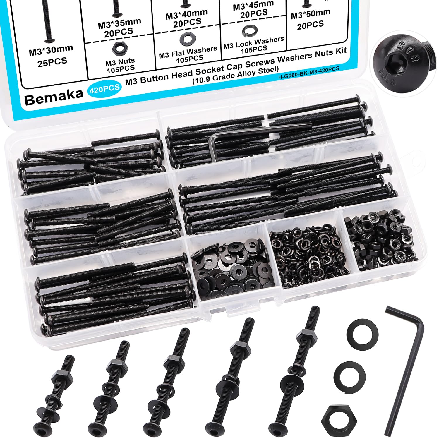 Bemaka 420PCS Black M3 Button Head Hex Socket Cap