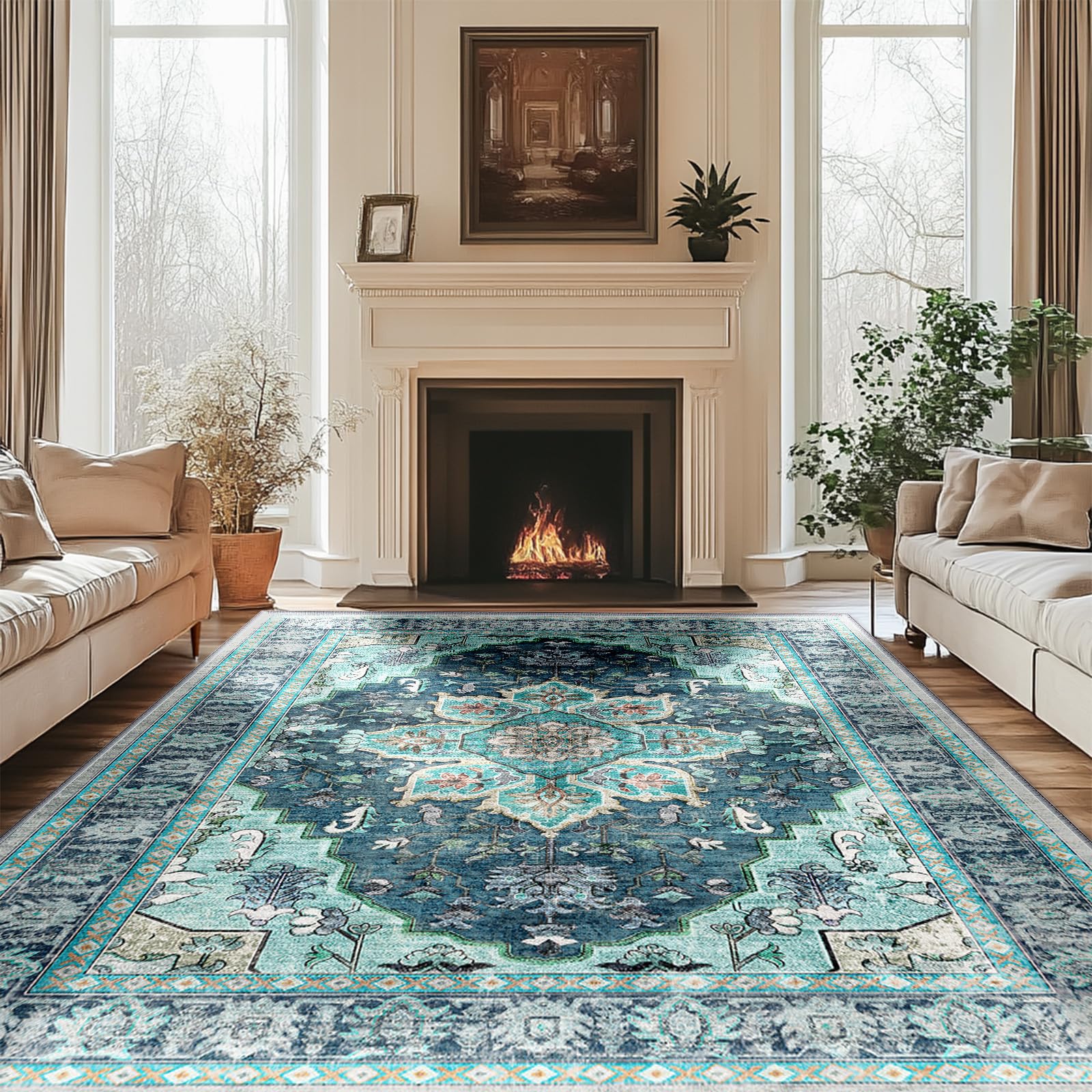 Photo 1 of BESTSWEETIE 6x9 Area Rug Washable Rugs for Living Room, No Pile Boho Carpet for Entryway Bedroom Dinning Room, Vintage Carpet Print Distressed Non-Slip, 6 x 9 ft, Teal Dark Green