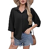 HIYIYEZI Women's Button Down Shirt Casual 3/4 Sleeve Dress Shirts Collared Work Blouse with Pocket
