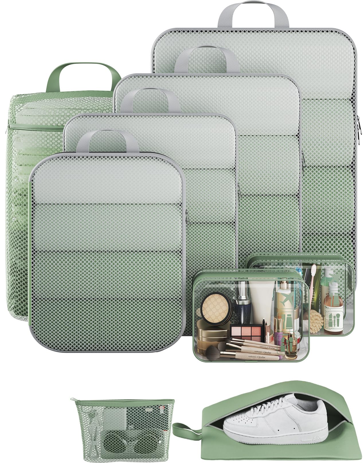 Veken 9/11 Set Compression Packing Cubes for Travel Essentials,Compressible Expandable Large Luggage Suitcase Organizer Bags for Clothing,Durable Space Saver Storage Bags(Matcha Green) Image