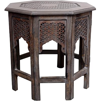Artesia Solid Wood Hand Carved Rajasthan Folding Modern Nightstand Bedside End Accent Coffee Table for Living Room Bedroom Balcony