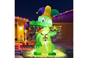 Shappy 6 ft Huge Mardi Gras Inflatable Decoration Inflatable Alligator with Crown Necklace Built in LED Lights Blow up Alligator for Mardi Gras Yard Garden Outdoor Decoration