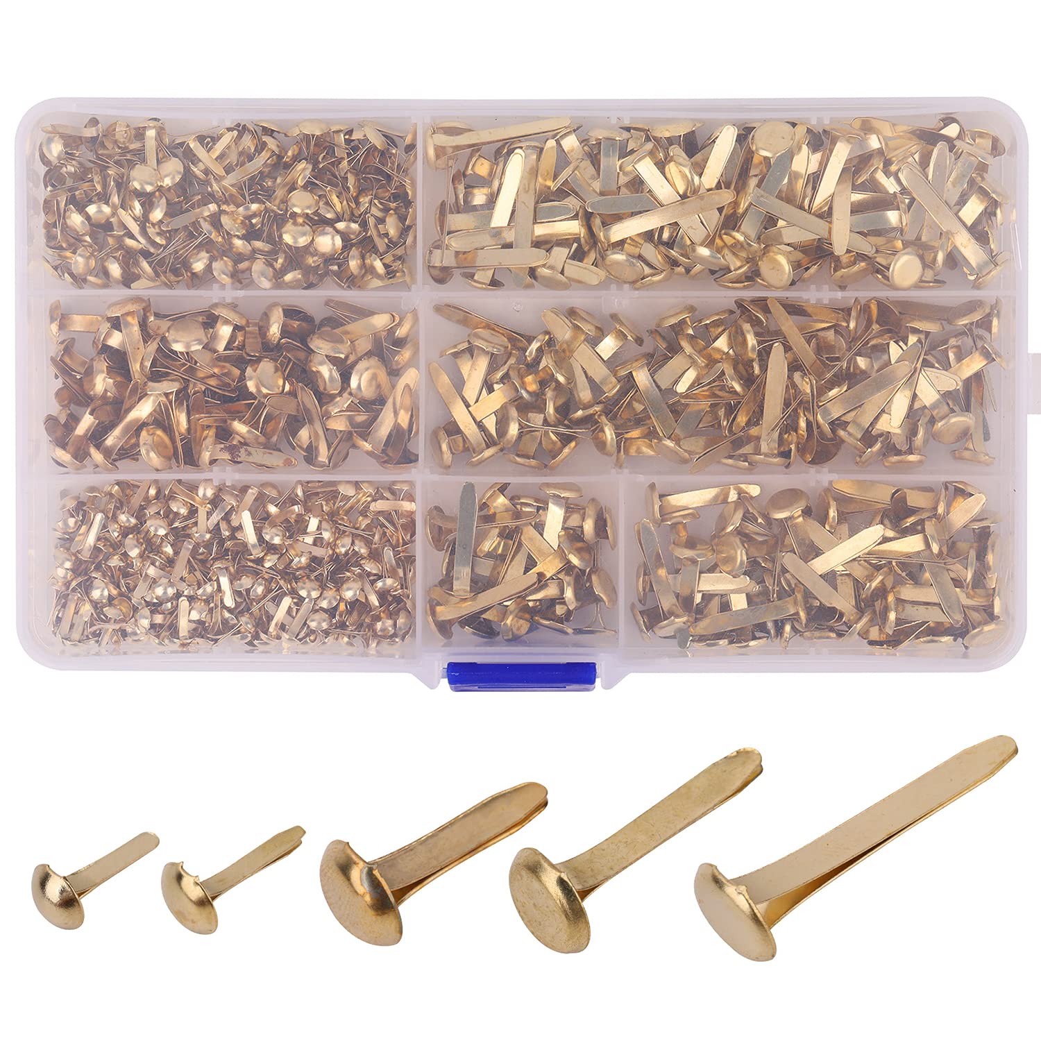 Trimming Shop 500pcs Metal Split Paper Fastener Pins, Round Head Split Pins Brads with Storage Box for Scrapbooking, Crafting, Toy Making, Document Fastening - Assorted Sizes, Gold
